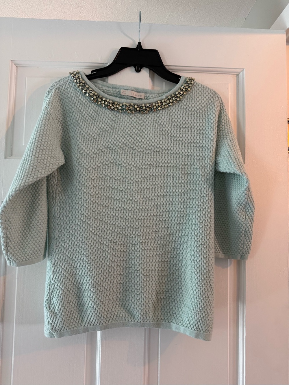 Fun hinge/Nordstrom Mint Green Jeweled Neck Knit Sweater, XS, Cut Out Back